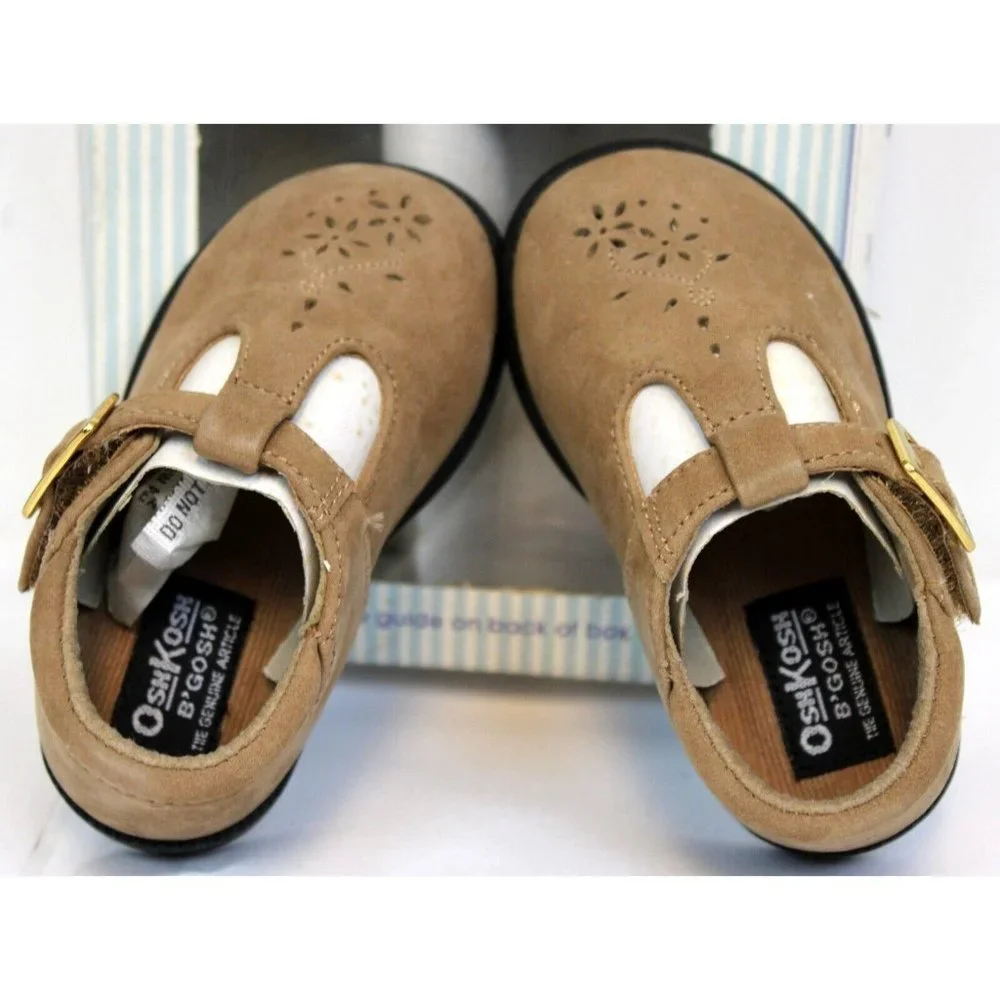 2001 OshKosh B'Gosh Baby First Walkers Shoes sz 3.5 Olive Leather Strap Floral